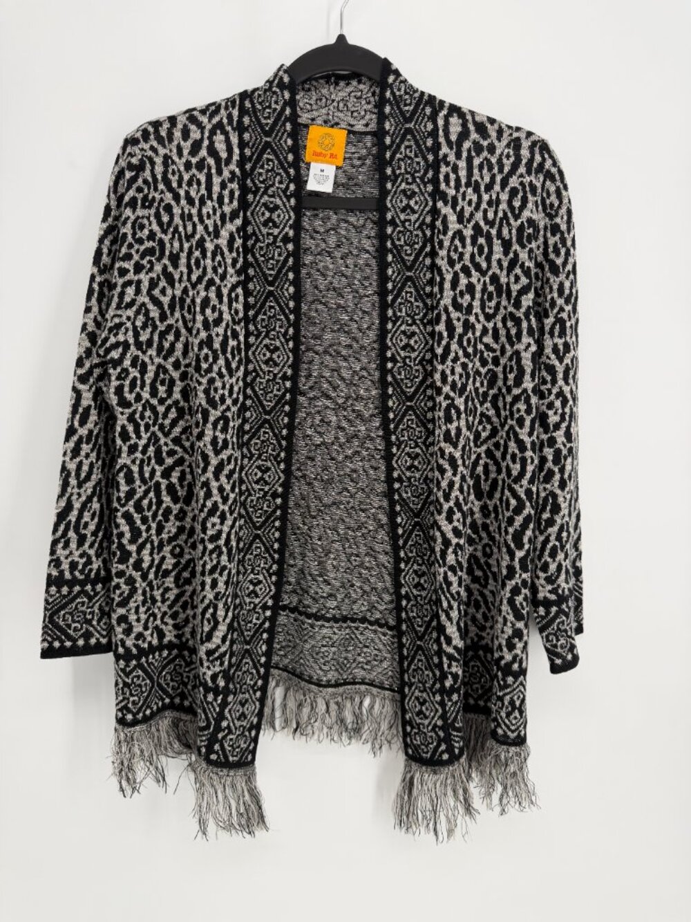 Ruby Rd Leopard Fringe Cardigan Sweater Boho Y2K Animal Print Medium